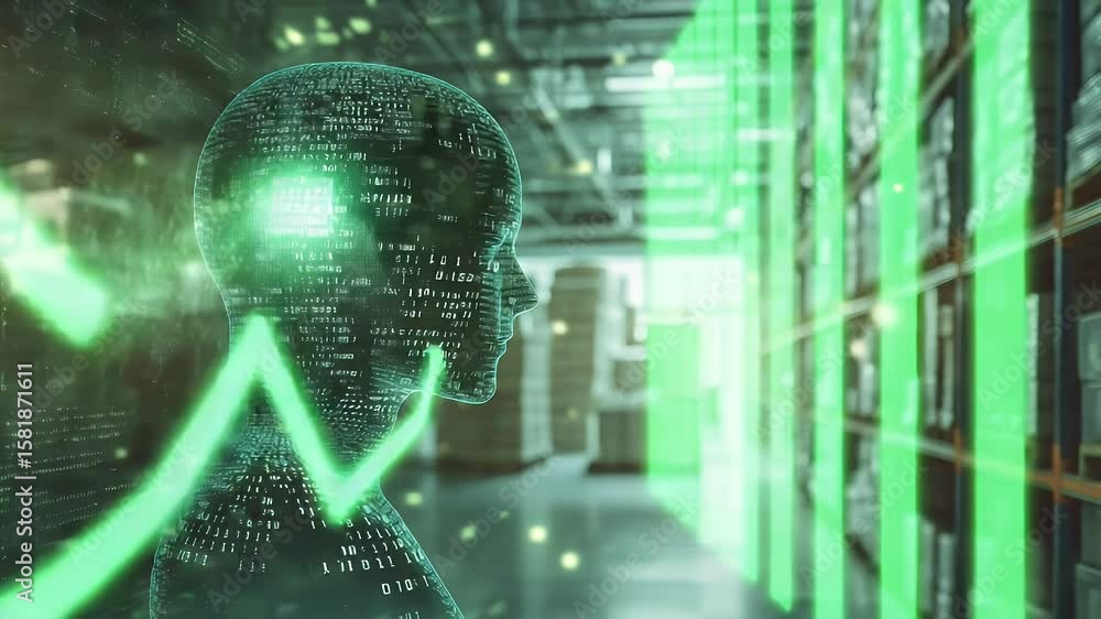 Poster a digital human profile overlaid with binary code and a checkmark against a warehouse backdrop