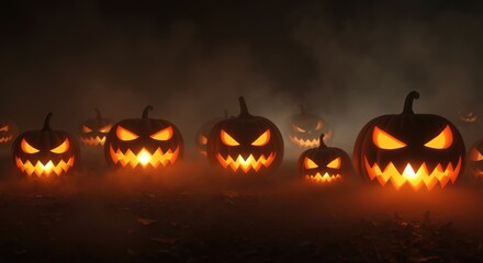 Fototapeta premium Multiple glowing jack-o-lantern pumpkins with scary faces on dark ground with fog. Spooky halloween scene with carved pumpkins and atmospheric mist. October celebration concept