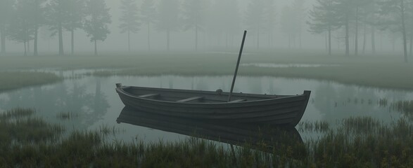 Wooden rowboat with paddle on calm misty water among leafless trees. Peaceful morning fog over swamp lake. Nature solitude and meditation concept. Fishing tourism outdoor recreation services