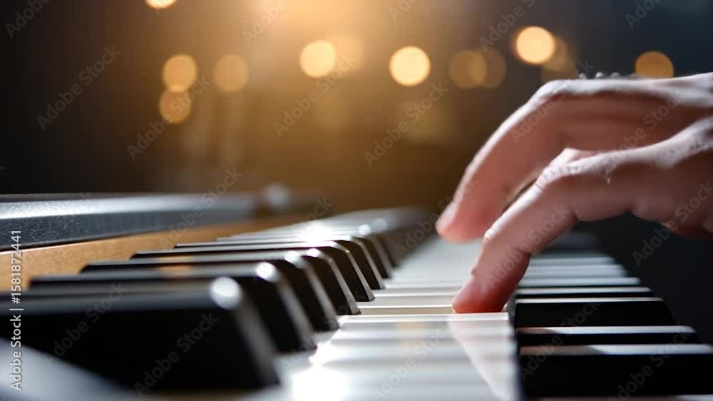 Poster close-up of a hand playing a keyboard, illuminated by warm bokeh lights in the background. dark and 