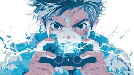 Close-up illustration of a young man intensely focused on a video game controller, surrounded by stylized splashes and light effects