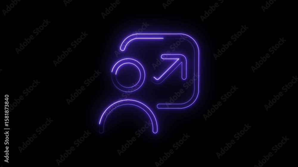 Poster animated neon person icon exit or logout with arrow and doorframe on dark background