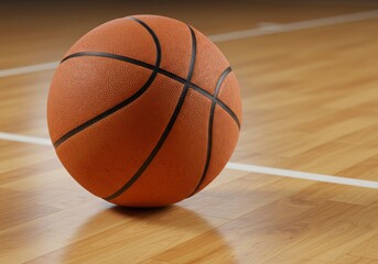 Obraz premium Basketball ball resting on wooden court floor