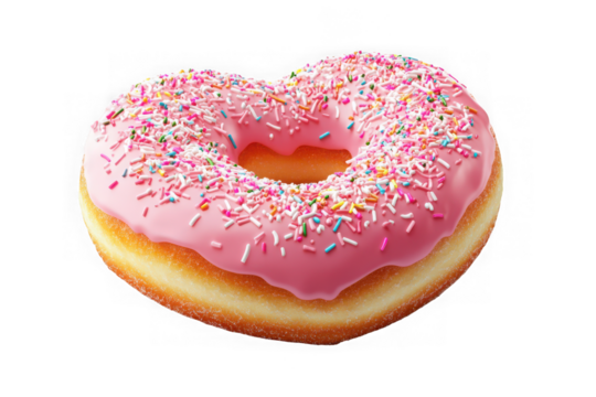 Delicious pink frosted heart shaped donut with sprinkles png, bakery confectionery treat, sweet dessert, food photography isolated on transparent background