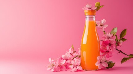 Orange juice bottle with pink spring flowers on pastel background