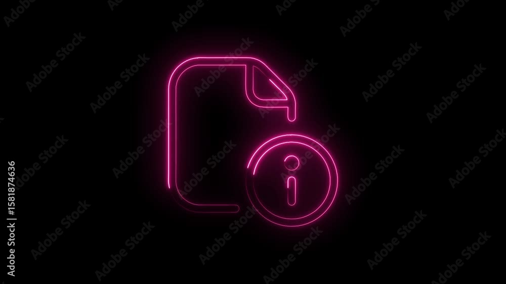Poster neon pink file information icon glowing on black background animation loop