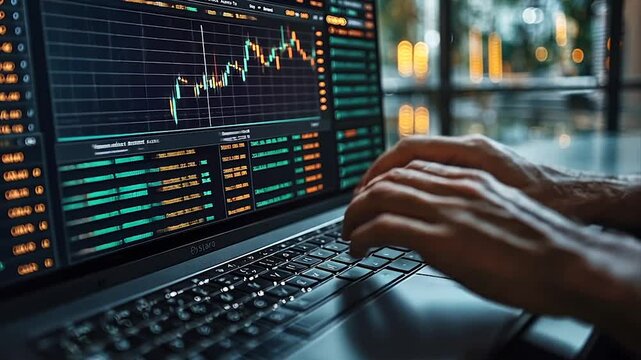 Person analyzing financial data on a laptop.  Detailed stock market charts and data displayed on the screen