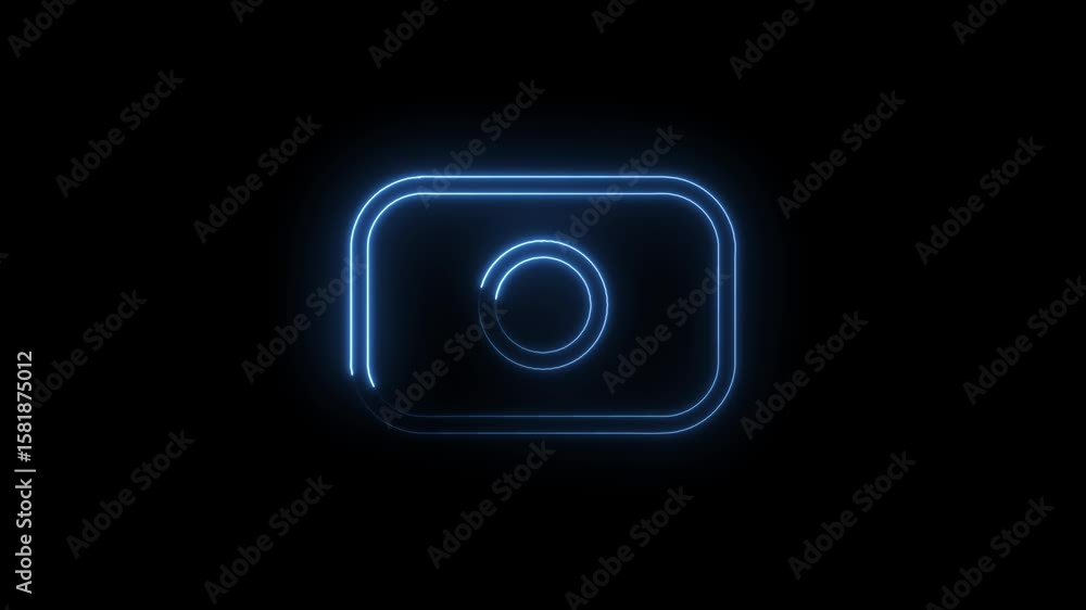 Poster glowing camera icon animation with neon style outlines on black background for technology concepts