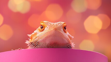 Cute Bearded Dragon Peeking Over Pink Surface Bokeh