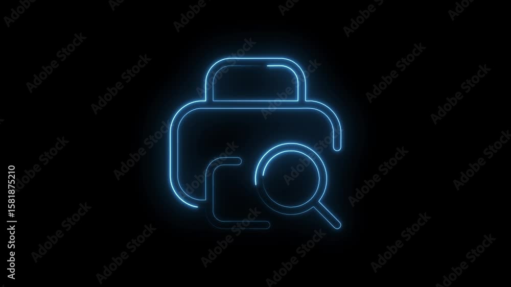 Poster glowing neon search folder icon animation against black background for data analysis concepts
