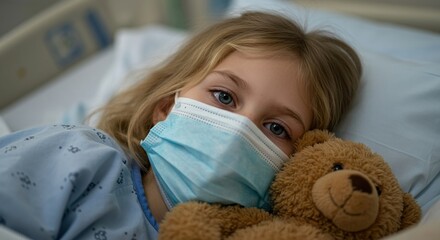Young girl wearing mask with teddy bear in hospital bed