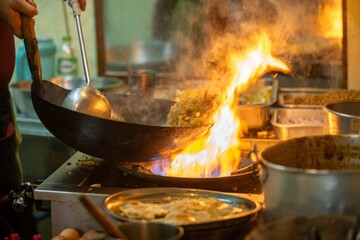 Pad Thai noodles is fried noodles cook in pan with big fire flame is hong kong style. Pad Thai...