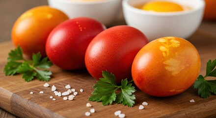 Colorful easter eggs displayed on a wooden cutting board