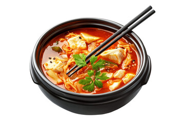 Spicy Korean kimchi jjigae with tofu, mushrooms, and green onions served in black bowl isolated on white background