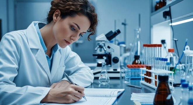 A female scientist in a lab coat, writing in a notebook, surrounded by scientific equipment. - Powered by Adobe
