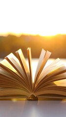 Open book, sunlit pages, tranquil scene