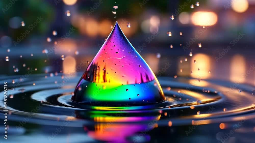 Poster vibrant iridescent bubble floats on dark water, reflecting colorful lights. water droplets splash ar