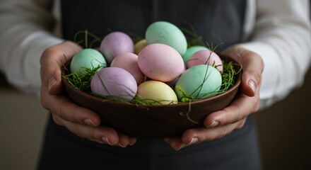 Hands holding bowl filled with colorful painted easter eggs