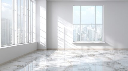 A 4K photo of sunlit empty room, marble floor, window, white wall, interior design mockup.