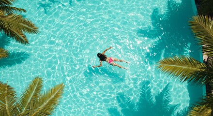 Swimming in the tropical resort pool with woman and child enjoying summer fun