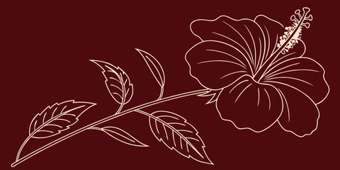 Single-line vector illustration of a hibiscus flower. Minimalist rose mallow continuous outline artwork dark red  background.
