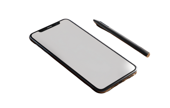 Smartphone Mockup on Wooden Desk with Stylus, Angled Top View, Isolated on Transparent Background