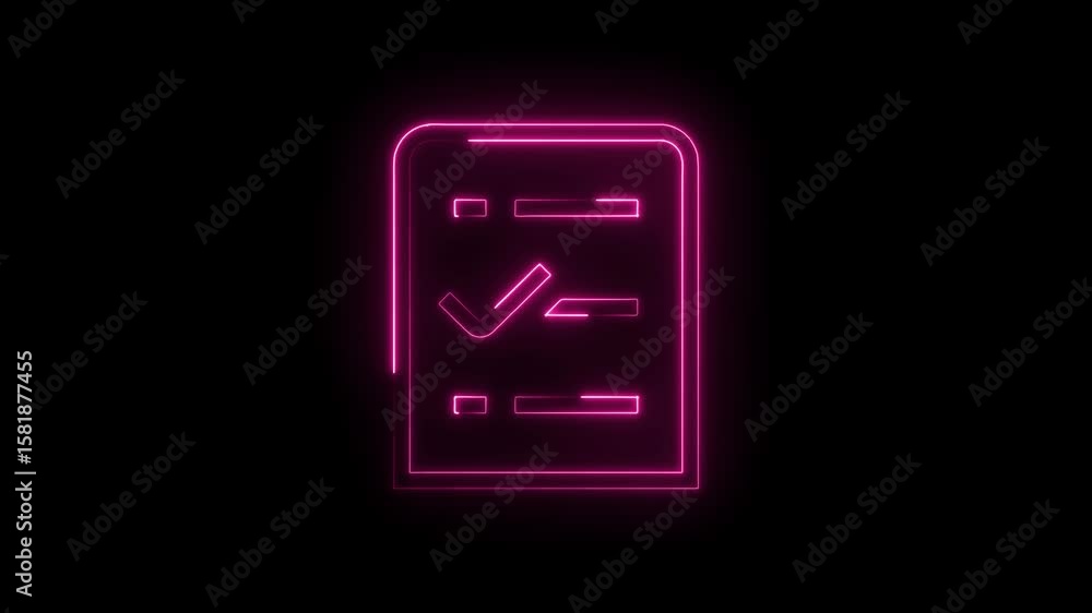 Poster neon checklist with checkmark animation on black background glowing pink validation icon concept
