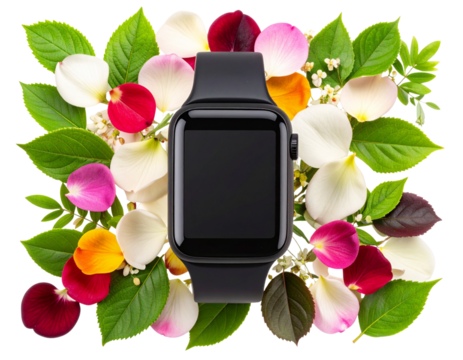 Sleek Black Fitness Tracker Band Surrounded by Garden Florals, Top View Transparent PNG - Powered by Adobe