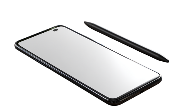 Smartphone Mockup on Wooden Desk with Stylus, Angled Top View, Isolated on Transparent Background