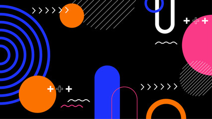 Abstract colorful geometric shapes on a black background suitable for modern design projects, backgrounds, banners, posters, digital art, and presentations.