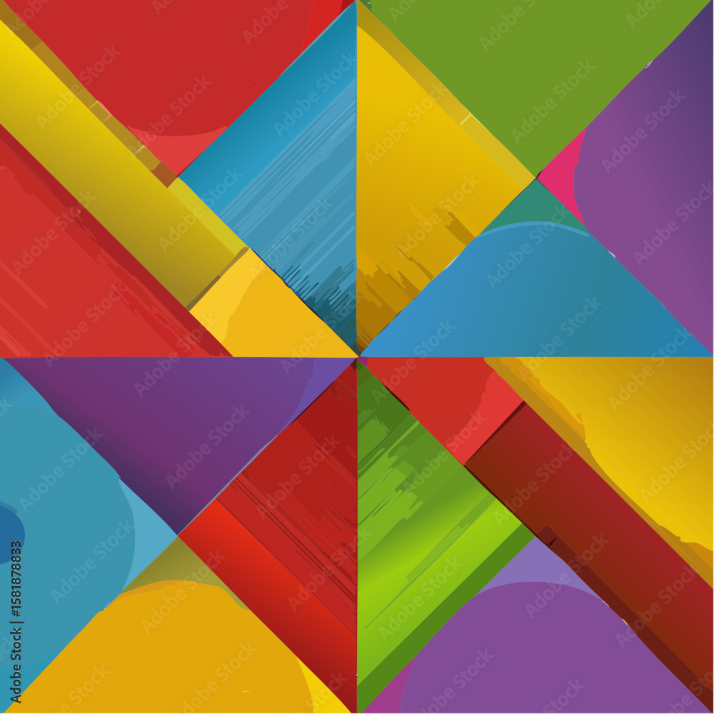 Poster bold geometric abstract pattern with intersecting triangles and curved segments in vivid colors incl