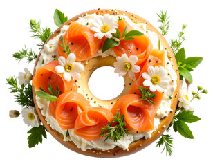 Gourmet Smoked Salmon Bagel Breakfast with Cream Cheese and Floral Accents, Top View PNG