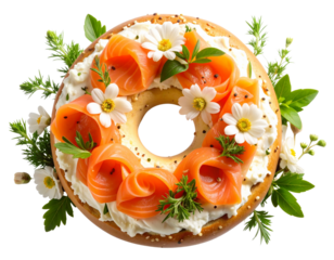 Gourmet Smoked Salmon Bagel Breakfast with Cream Cheese and Floral Accents, Top View PNG