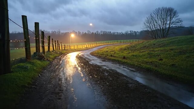 Muddy road winding through a rural landscape at dusk. A wooden fence with barbed wire runs alongside. Soft, muted light illuminates the scene