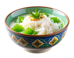  Traditional Cendol Dessert Served in Colorful Patterned Bowl, Isolated on Transparent Background PNG