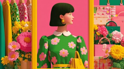 Fototapeta premium Woman Wearing Floral Dress In Colorful Shop