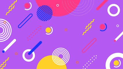 Vibrant purple background with colorful geometric shapes suitable for modern design projects, website banners, social media graphics, and abstract backgrounds.