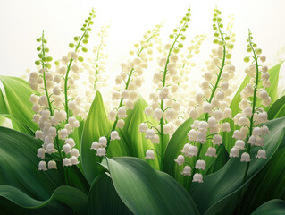 Obraz premium Lily of valley flowers with delicate white bell shaped blooms and lush green leaves create serene and elegant scene. soft lighting enhances their natural beauty