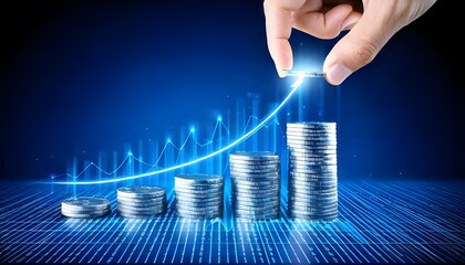 A hand is placing coins in the shape of an upward trending graph, with blue light beam