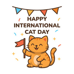 Cute orange tabby cat holding a red flag under festive decorations with the text Happy Cat Day perfect for celebrating International Cat Day