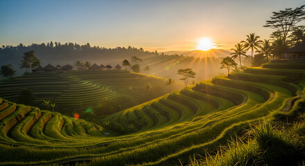 Fototapeta premium Sunlit Terraced Rice Paddies with Traditional Houses at Sunrise.