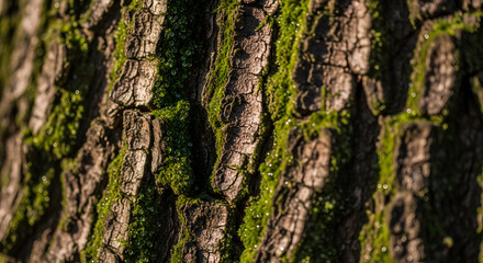 Obraz premium Textured Tree Bark Covered in Vibrant Green Moss and Water Droplets.