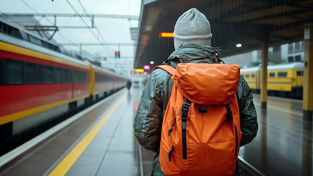 A person with an orange backpack stands at a train station on a rainy day, waiting for a train. The image is taken from behind the person, showing the rain and the train in the background
