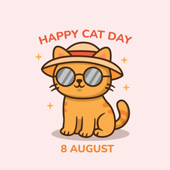 Stylish orange cat wearing sunglasses and a beach hat, sparkling with charm. Happy Cat Day.