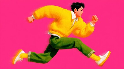 Young Man Running in Yellow Jacket on Pink