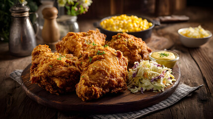 Crispy fried chicken with coleslaw and buttered corn on a wooden platter. 