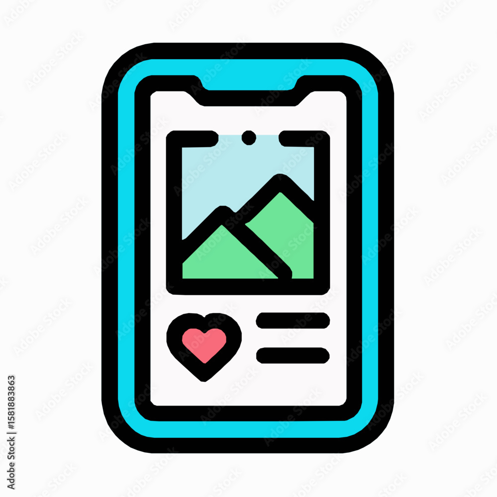 Poster smartphone displaying image of mountains with heart like button on social media application