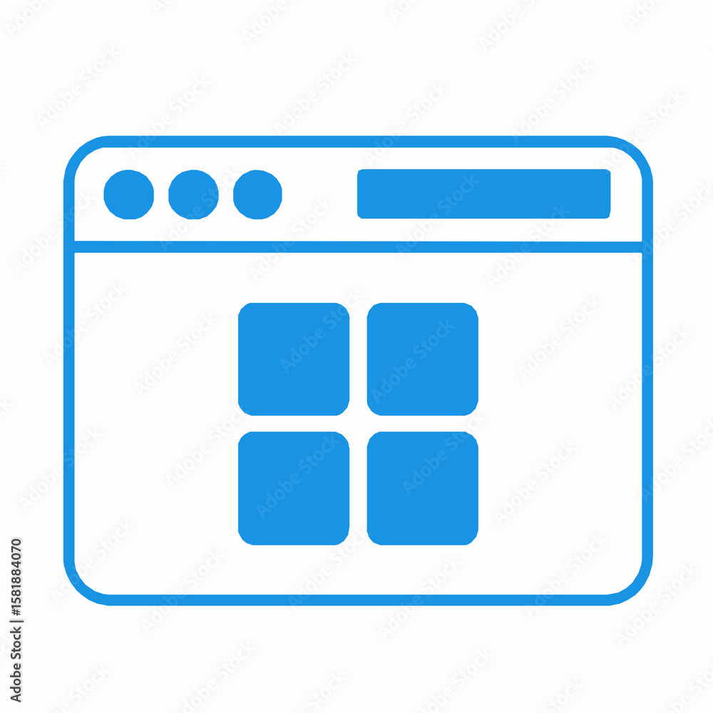 Poster blue icon of a browser window displaying a four square grid or menu interface