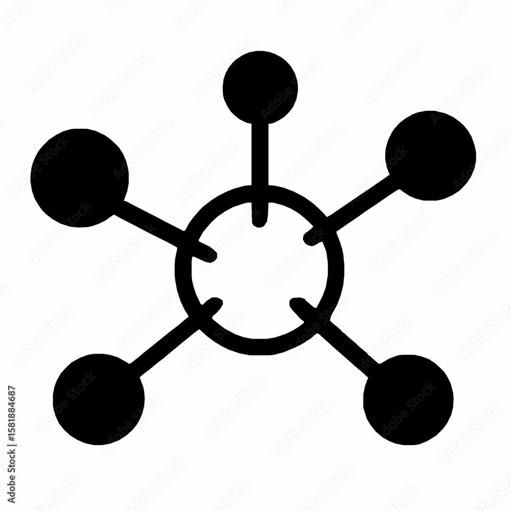 Poster black and white simple illustration of a conceptual network or atomic structure on white background