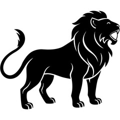 Powerful silhouette of a standing lion roaring in a side view isolated on white background